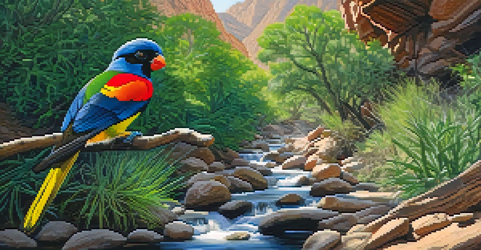 A close-up view of Sabino Canyon with lush plants and a trogon bird near a stream.