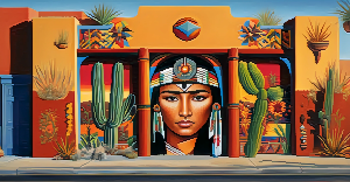 A colorful mural representing the cultural diversity of Tucson, with traditional patterns and local plants.