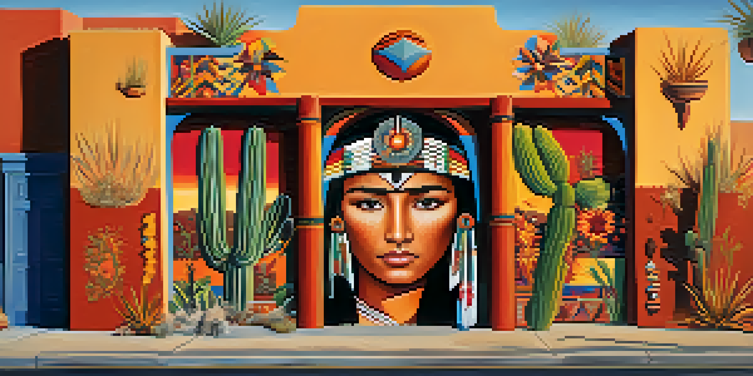 A colorful mural representing the cultural diversity of Tucson, with traditional patterns and local plants.