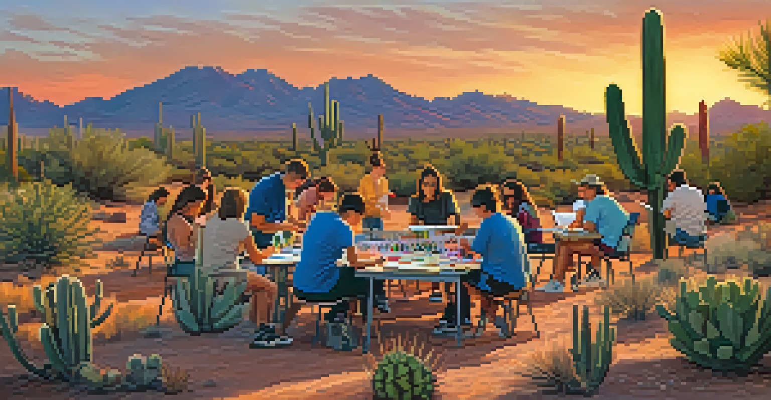 Students painting in an outdoor art class in Tucson, with a beautiful desert sunset and cacti in the background.