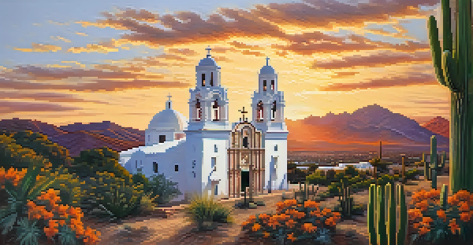 A sunset view of the Mission San Xavier del Bac, highlighting its detailed architecture surrounded by desert plants and tourists.