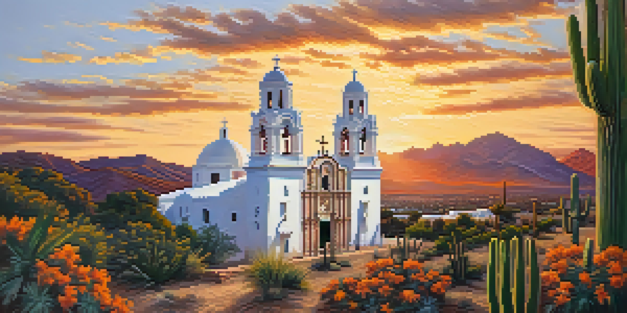A sunset view of the Mission San Xavier del Bac, highlighting its detailed architecture surrounded by desert plants and tourists.