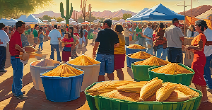 A colorful display of tamales at Tucson's Tamale Festival with families enjoying the event in the background.