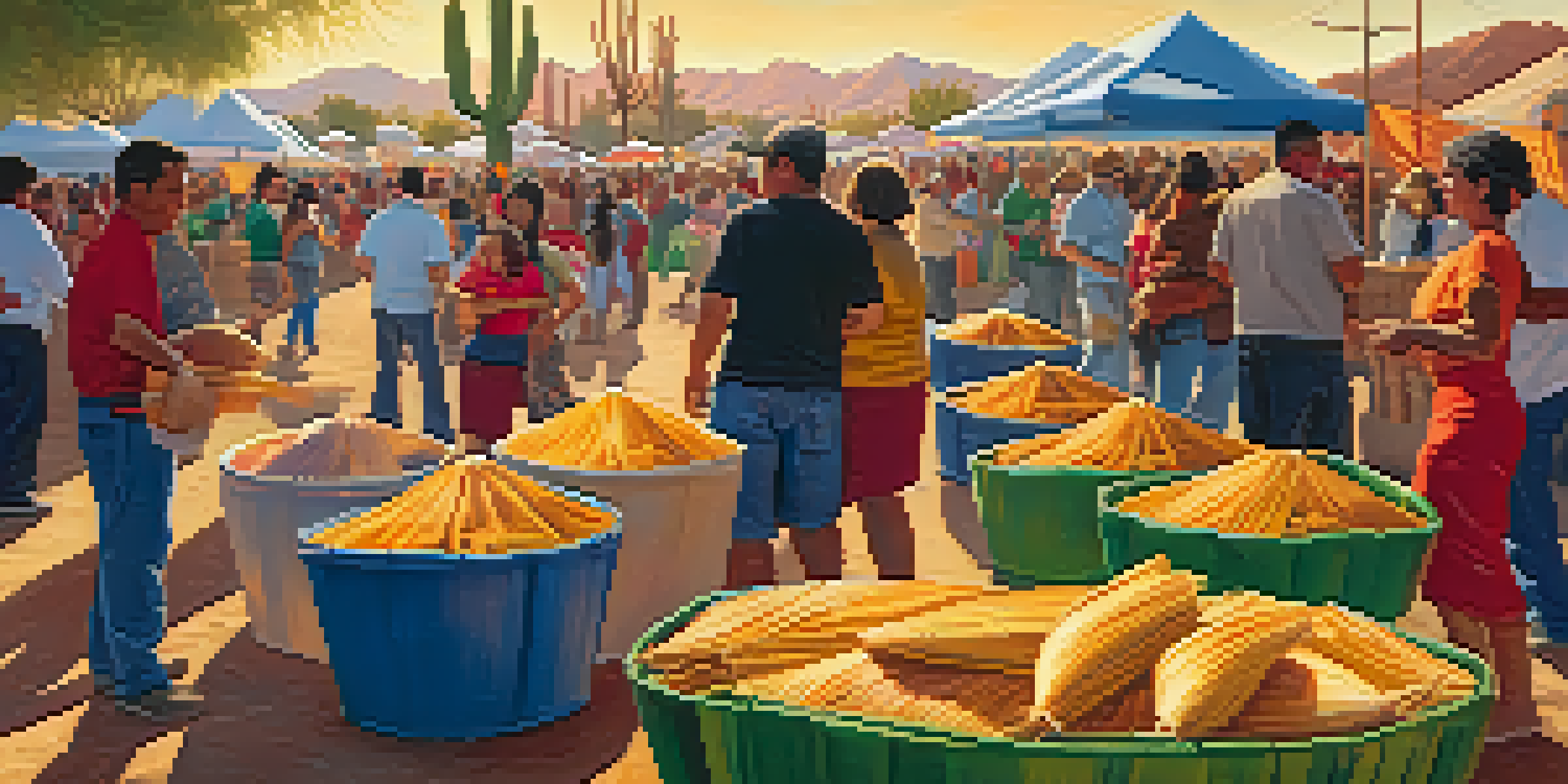 A colorful display of tamales at Tucson's Tamale Festival with families enjoying the event in the background.