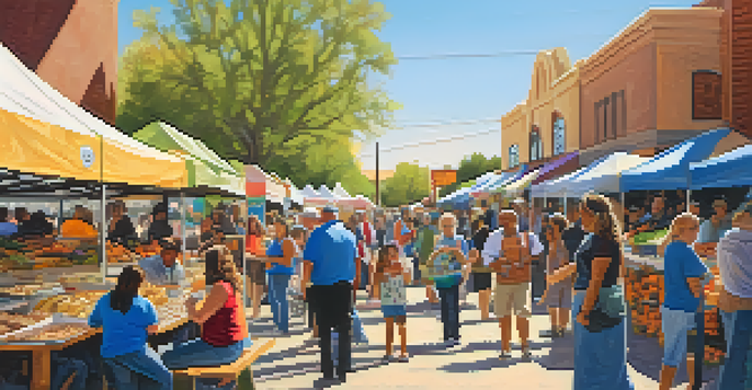 A lively community event in Tucson with colorful market stalls, children participating in activities, and adults networking under warm sunlight.