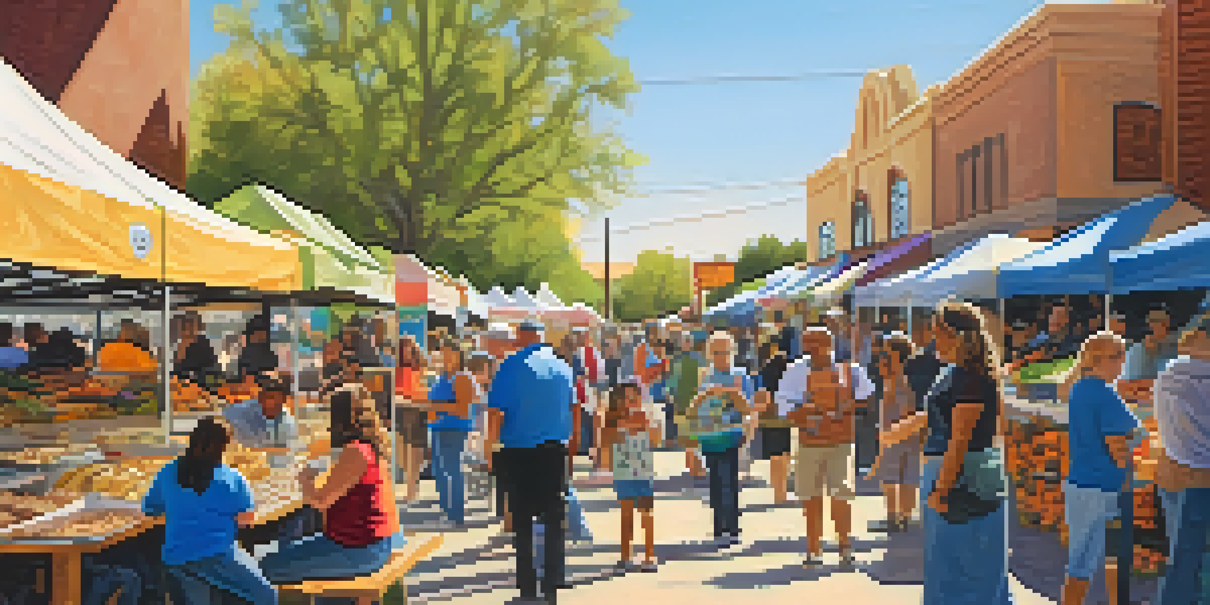 A lively community event in Tucson with colorful market stalls, children participating in activities, and adults networking under warm sunlight.