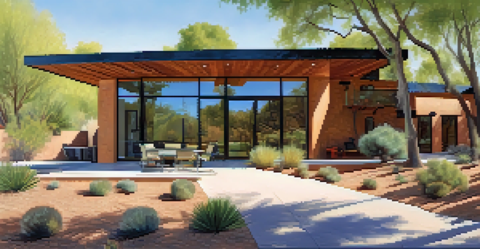 A modern Tucson home with passive solar design features, surrounded by trees and sunlight.