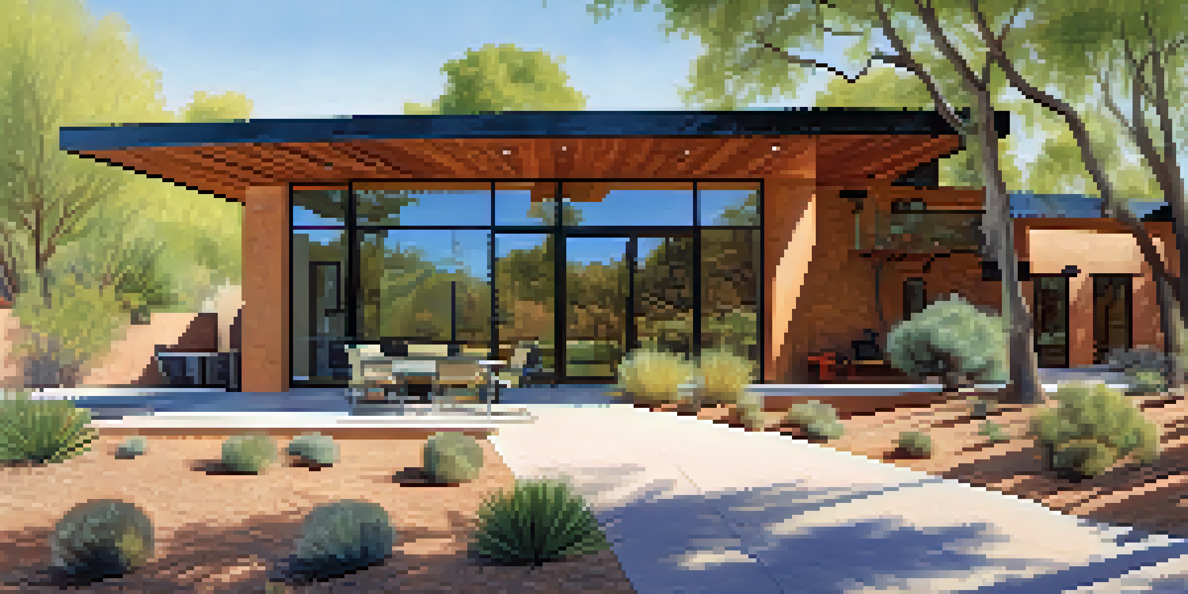A modern Tucson home with passive solar design features, surrounded by trees and sunlight.