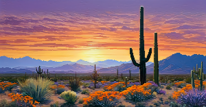 A sunset view of Saguaro National Park with tall cacti and colorful sky.
