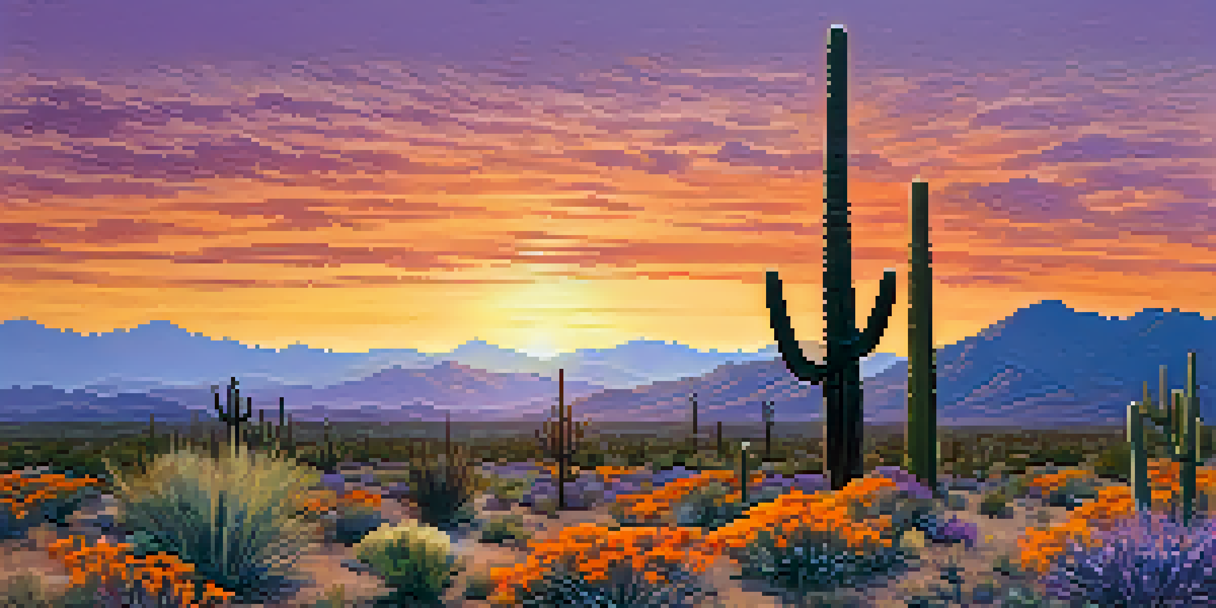 A sunset view of Saguaro National Park with tall cacti and colorful sky.