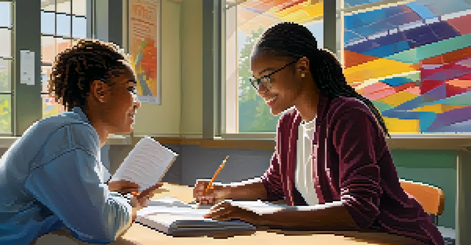 A tutor and student engaged in a learning session in a bright study room filled with educational posters and natural light.
