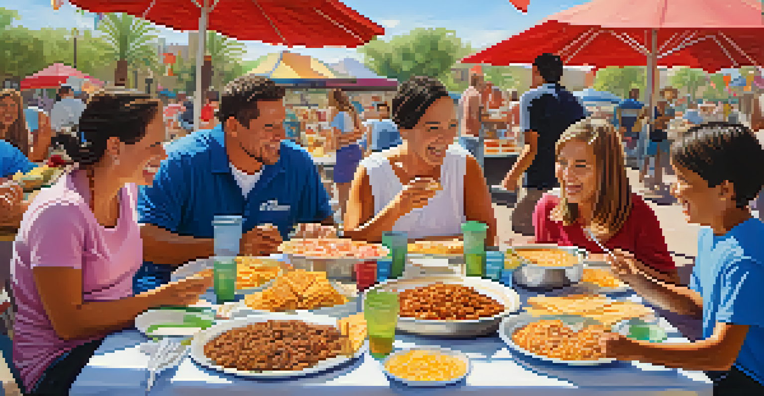 A family sitting at a picnic table enjoying a variety of food at a street fair, surrounded by colorful dishes and a lively atmosphere.