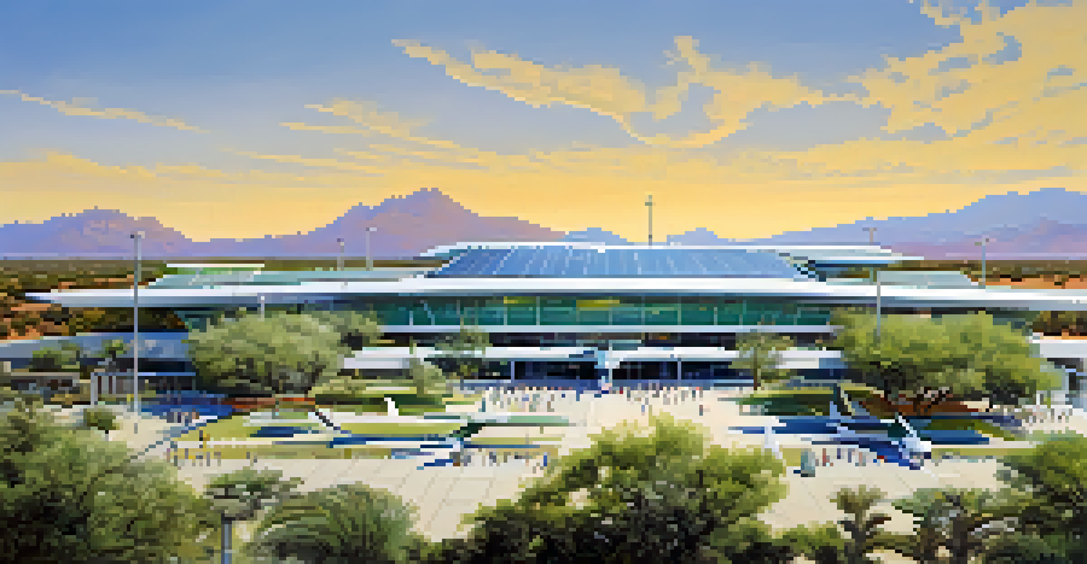 Modern Tucson International Airport with contemporary architecture and eco-friendly elements, showcasing passengers and greenery.