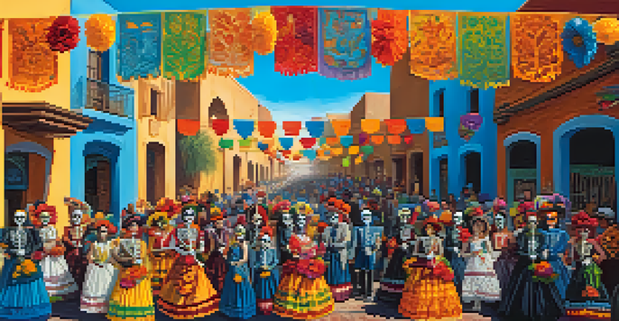 Participants in traditional attire celebrate Dia de los Muertos in Tucson, with colorful floats and decorations in a vibrant street scene.