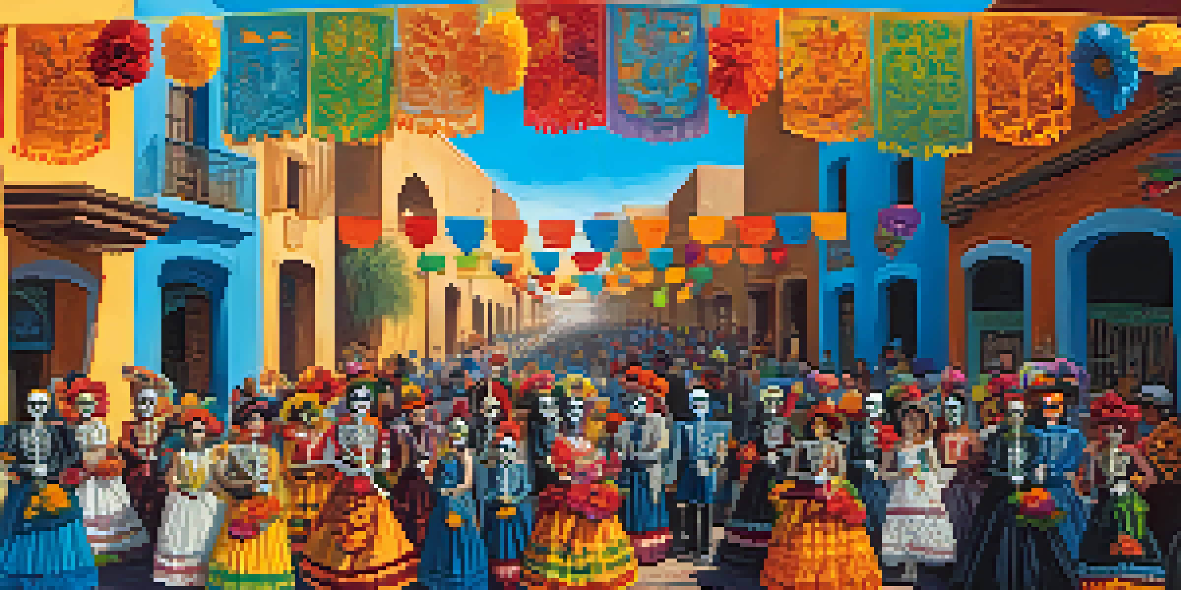Participants in traditional attire celebrate Dia de los Muertos in Tucson, with colorful floats and decorations in a vibrant street scene.