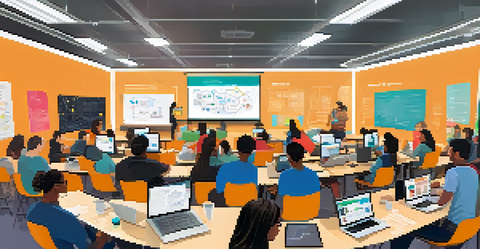Diverse students engaged in a hackathon workshop inside a university classroom, with laptops and colorful diagrams around.