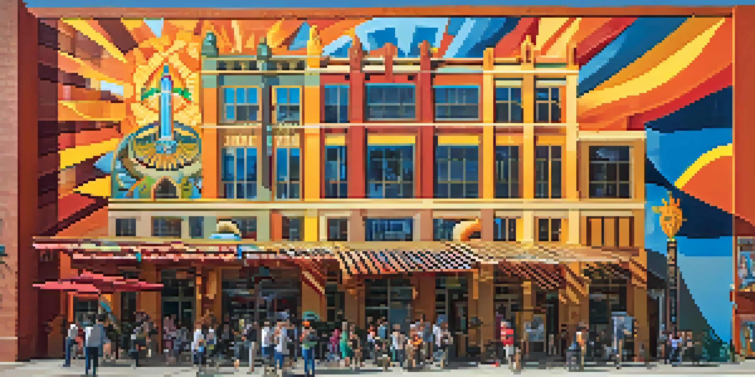 A colorful mural depicting the sun, surrounded by buildings and people in downtown Tucson.
