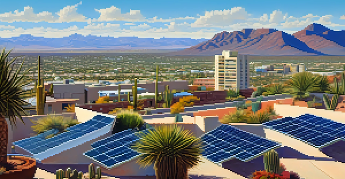 A panoramic view of Tucson with solar panels on rooftops, desert plants in the foreground, and a clear blue sky.