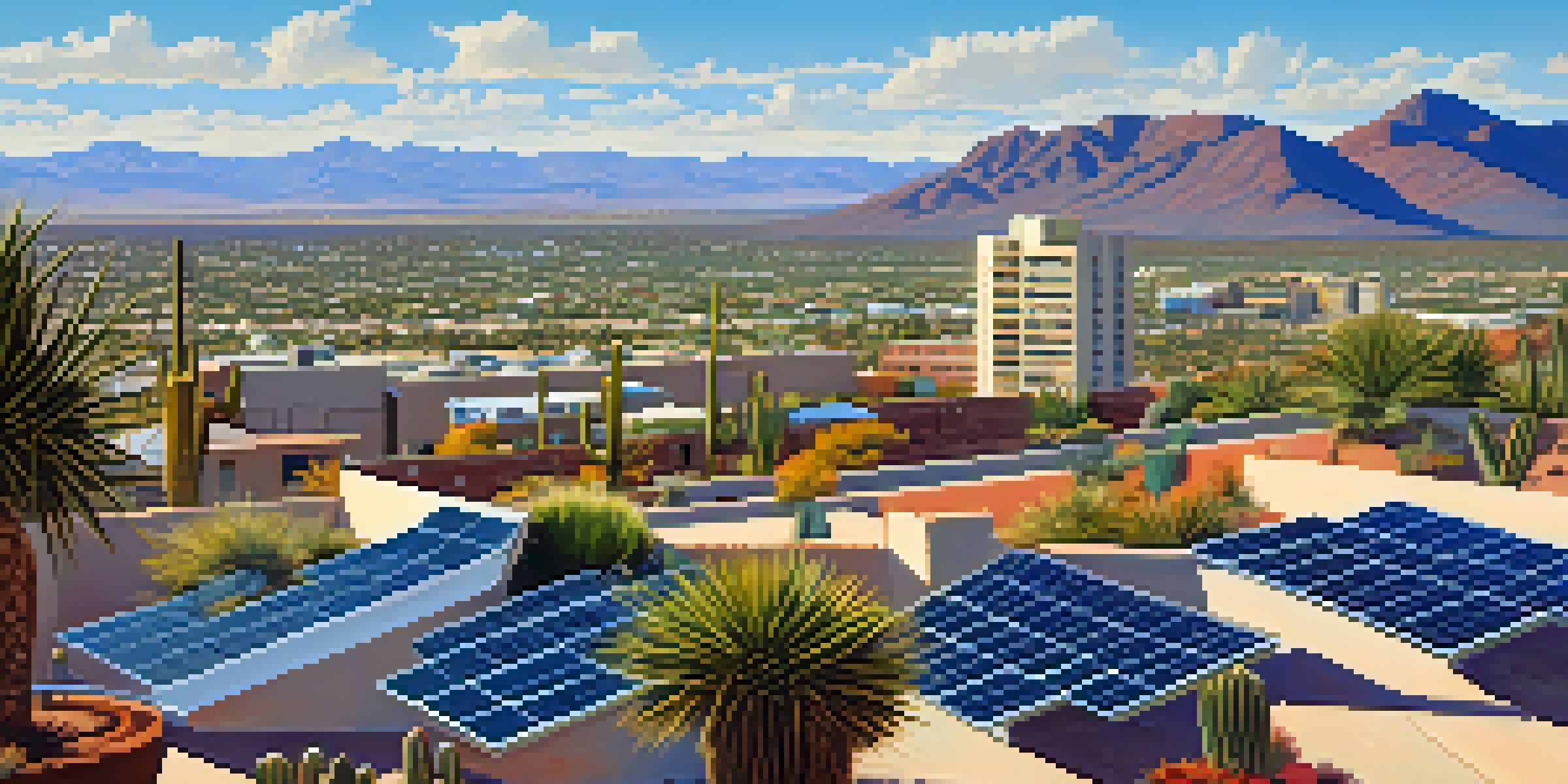 A panoramic view of Tucson with solar panels on rooftops, desert plants in the foreground, and a clear blue sky.