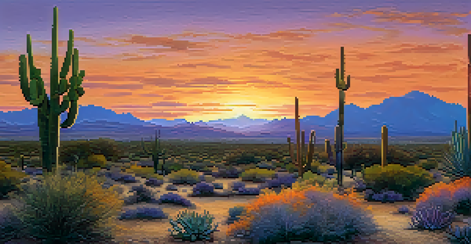 A peaceful desert landscape at dusk, featuring cacti and mountains under a colorful sky.