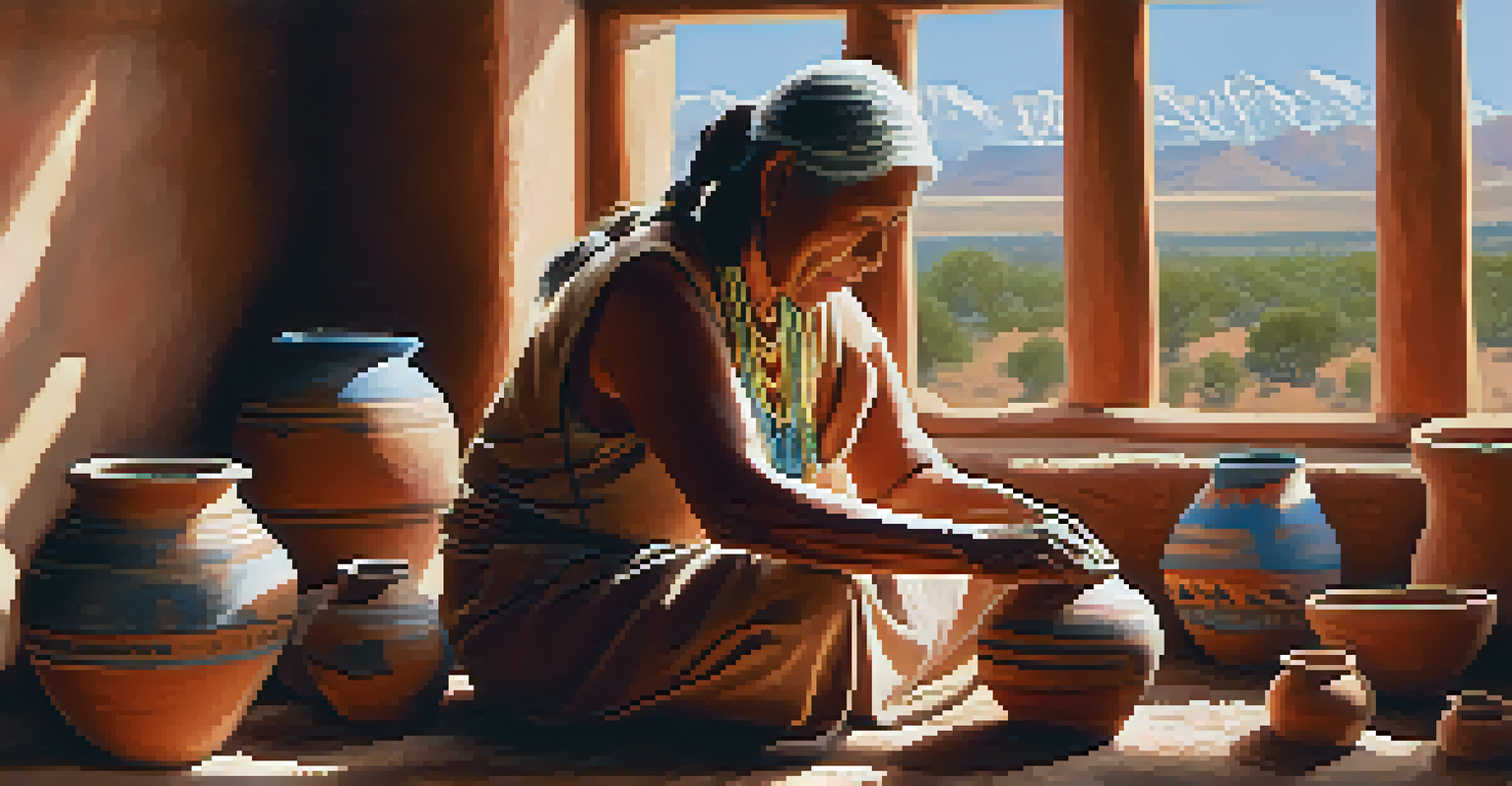 An elderly Native American woman painting traditional pottery, with intricate designs visible and natural light illuminating the scene.