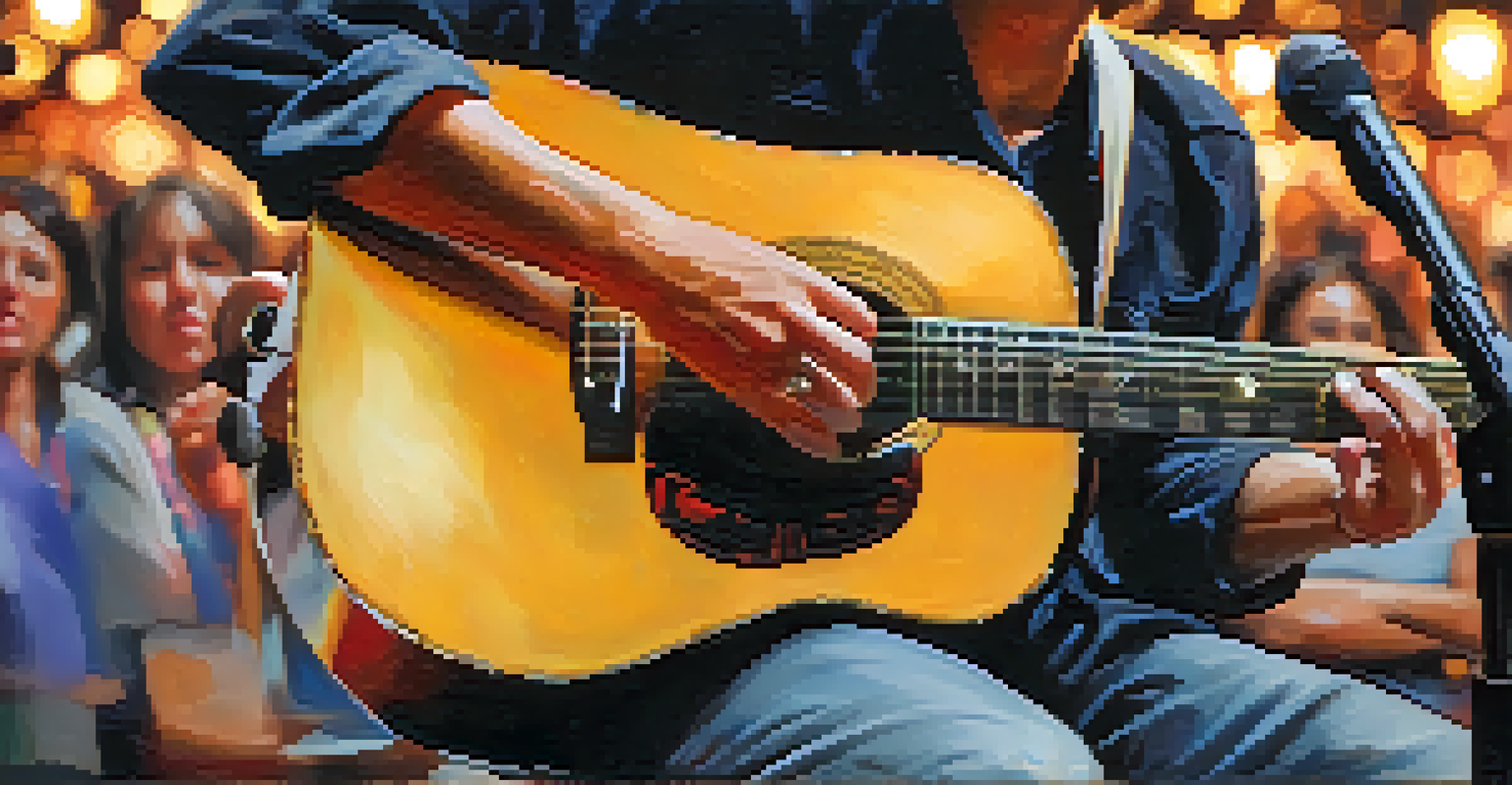 A local musician playing an acoustic guitar on stage at a music festival in Tucson, with a blurred audience cheering in the background and warm lights illuminating the scene.