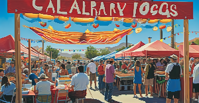 A lively outdoor food festival with colorful stalls and people enjoying local dishes in a sunny setting.