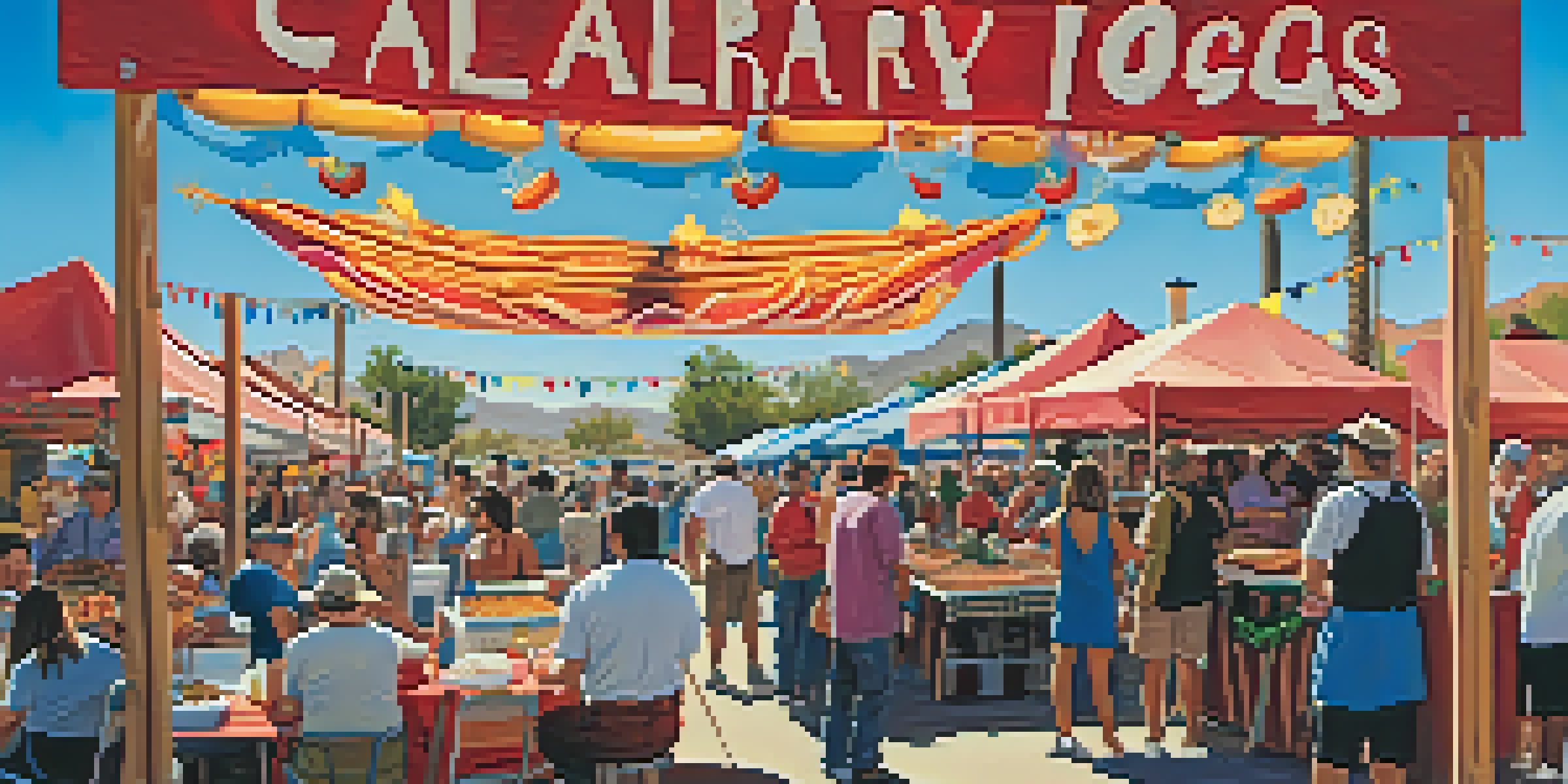 A lively outdoor food festival with colorful stalls and people enjoying local dishes in a sunny setting.
