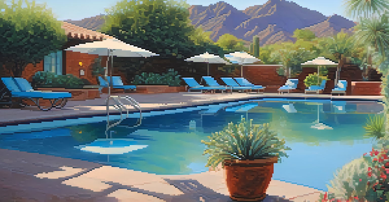 An outdoor pool area at a historic resort in Tucson, with gardens and views of the mountains.