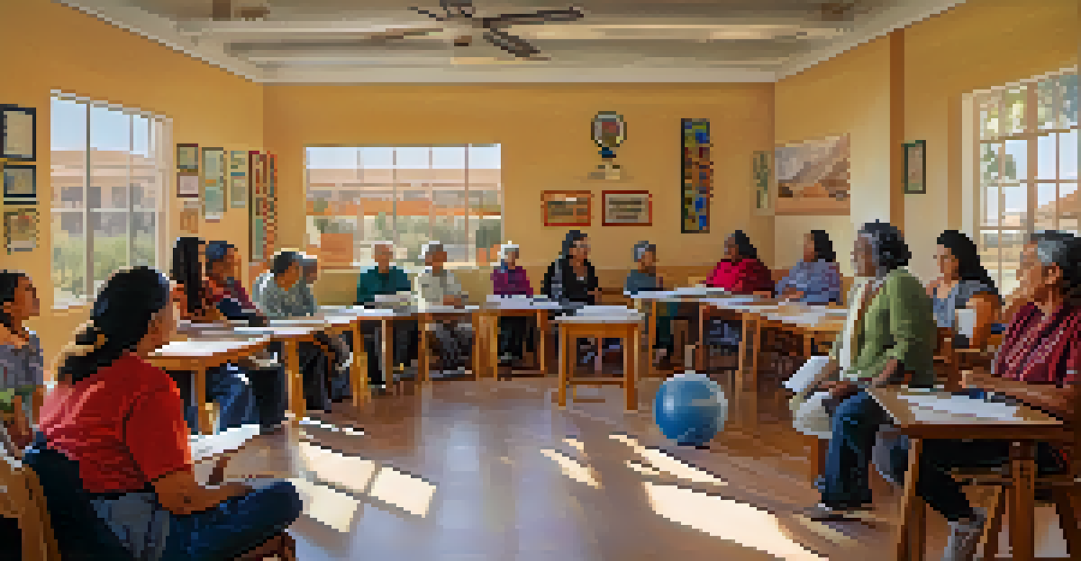 A language class in Tucson with young learners gathered around an elder, surrounded by cultural artifacts in a bright room.