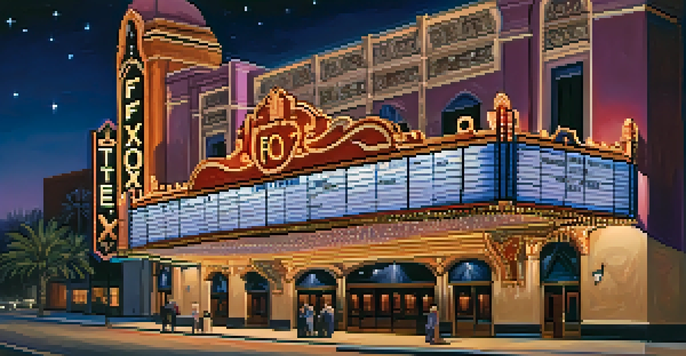 The Fox Theatre in Tucson, illuminated at twilight with ornate architecture and vintage lights against a deep blue-purple sky.