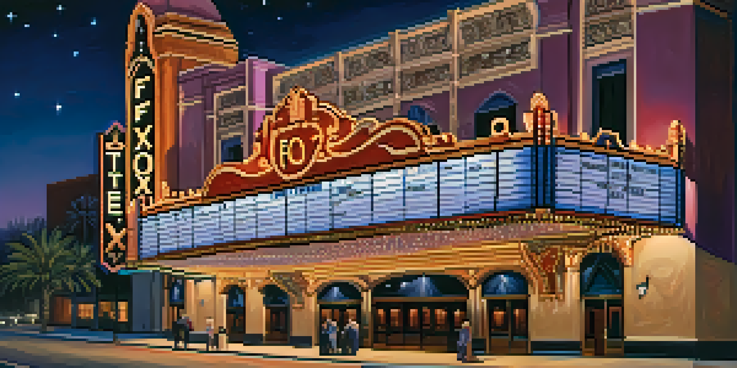 The Fox Theatre in Tucson, illuminated at twilight with ornate architecture and vintage lights against a deep blue-purple sky.