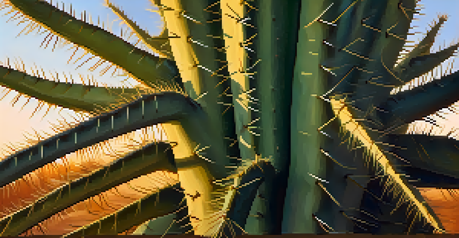 A detailed close-up of a saguaro cactus with spines and texture, set against a softly blurred desert background illuminated by the golden light of sunset.