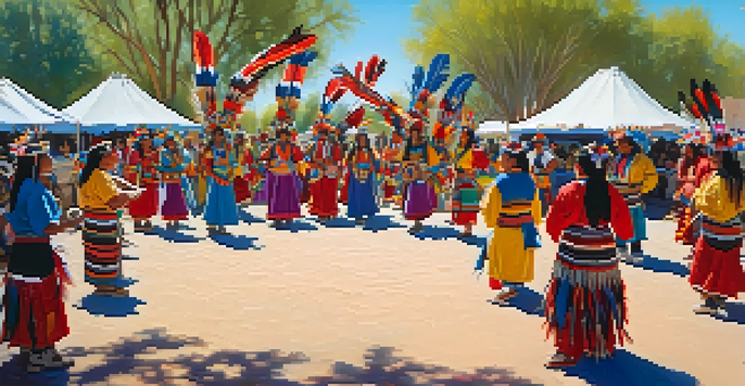 A lively Tucson Indigenous festival with dancers in traditional attire, showcasing cultural art and food under a sunny sky.