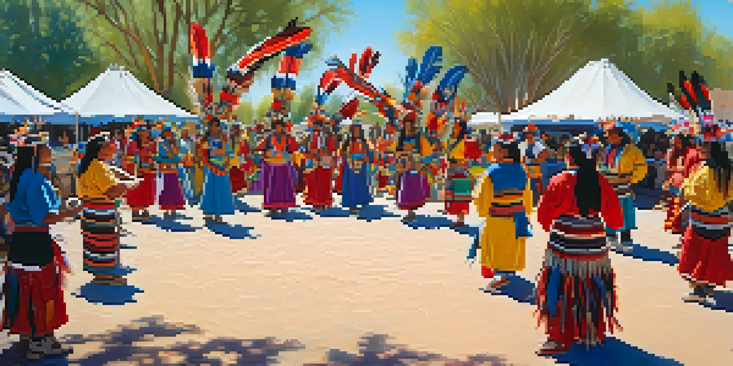 A lively Tucson Indigenous festival with dancers in traditional attire, showcasing cultural art and food under a sunny sky.