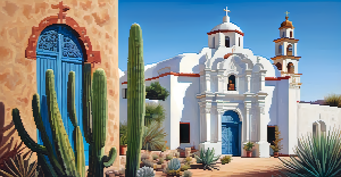 A beautiful view of Mission San Xavier del Bac with its white architecture and desert landscape.