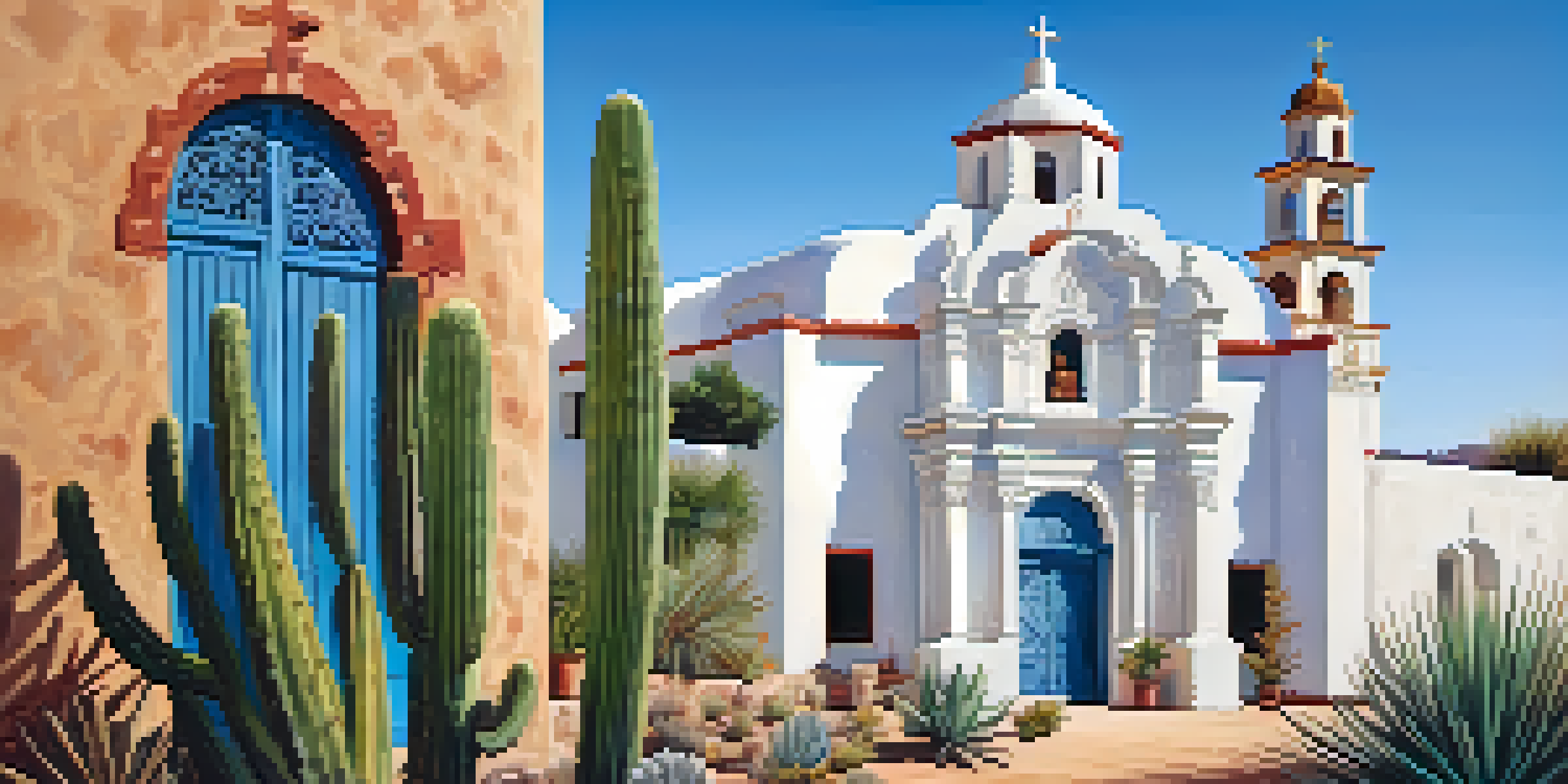 A beautiful view of Mission San Xavier del Bac with its white architecture and desert landscape.