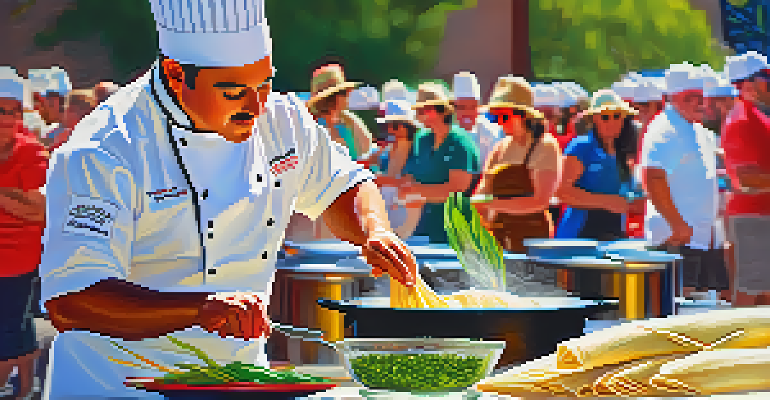 A chef in an apron making tamales at a cooking demonstration, with colorful ingredients on the table and an interested audience behind.