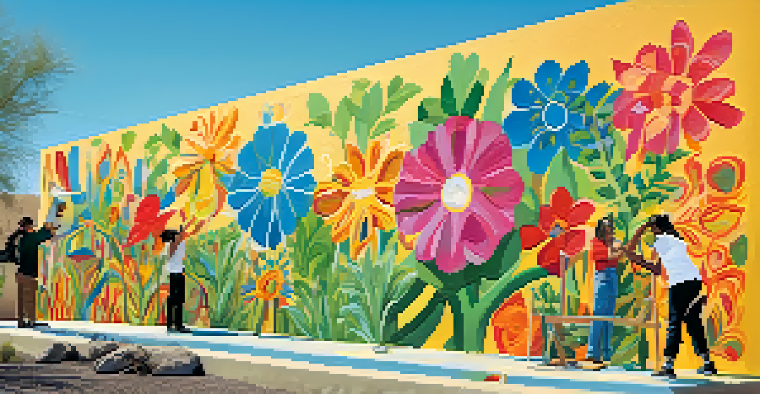 Young artists painting a vibrant mural on a community wall in Tucson, surrounded by greenery and flowers under a clear blue sky.