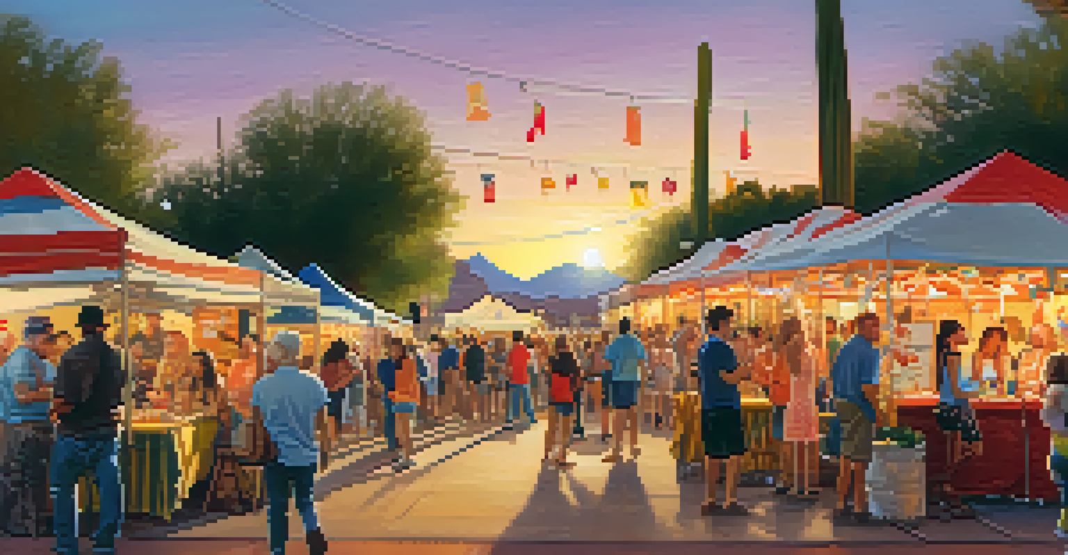 A festive outdoor celebration in Tucson with colorful booths, art displays, and live performances, filled with happy attendees enjoying the vibrant atmosphere at sunset.