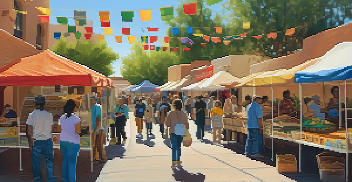 A lively festival scene in Tucson with colorful booths and people enjoying traditional foods and crafts.