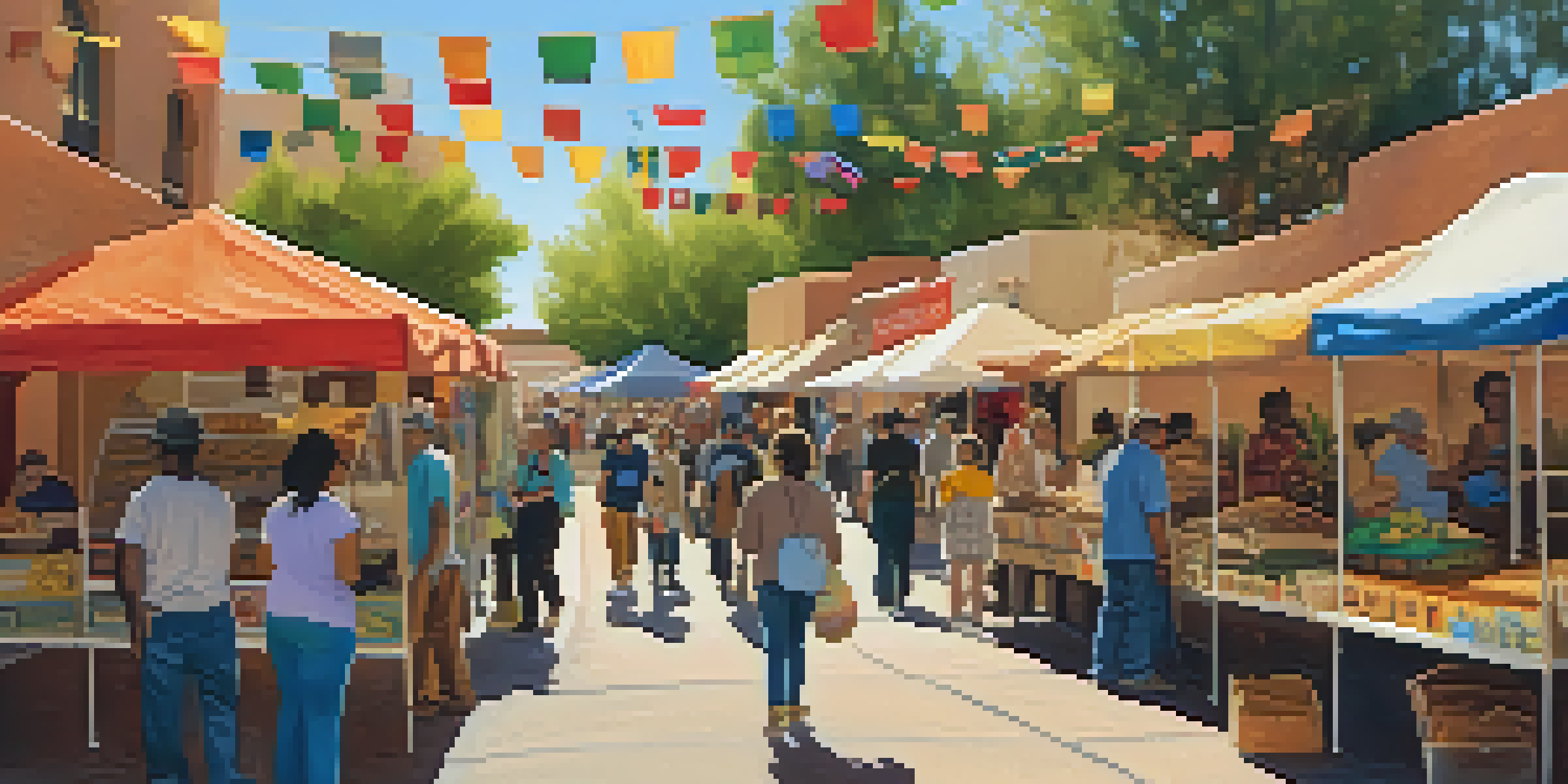 A lively festival scene in Tucson with colorful booths and people enjoying traditional foods and crafts.