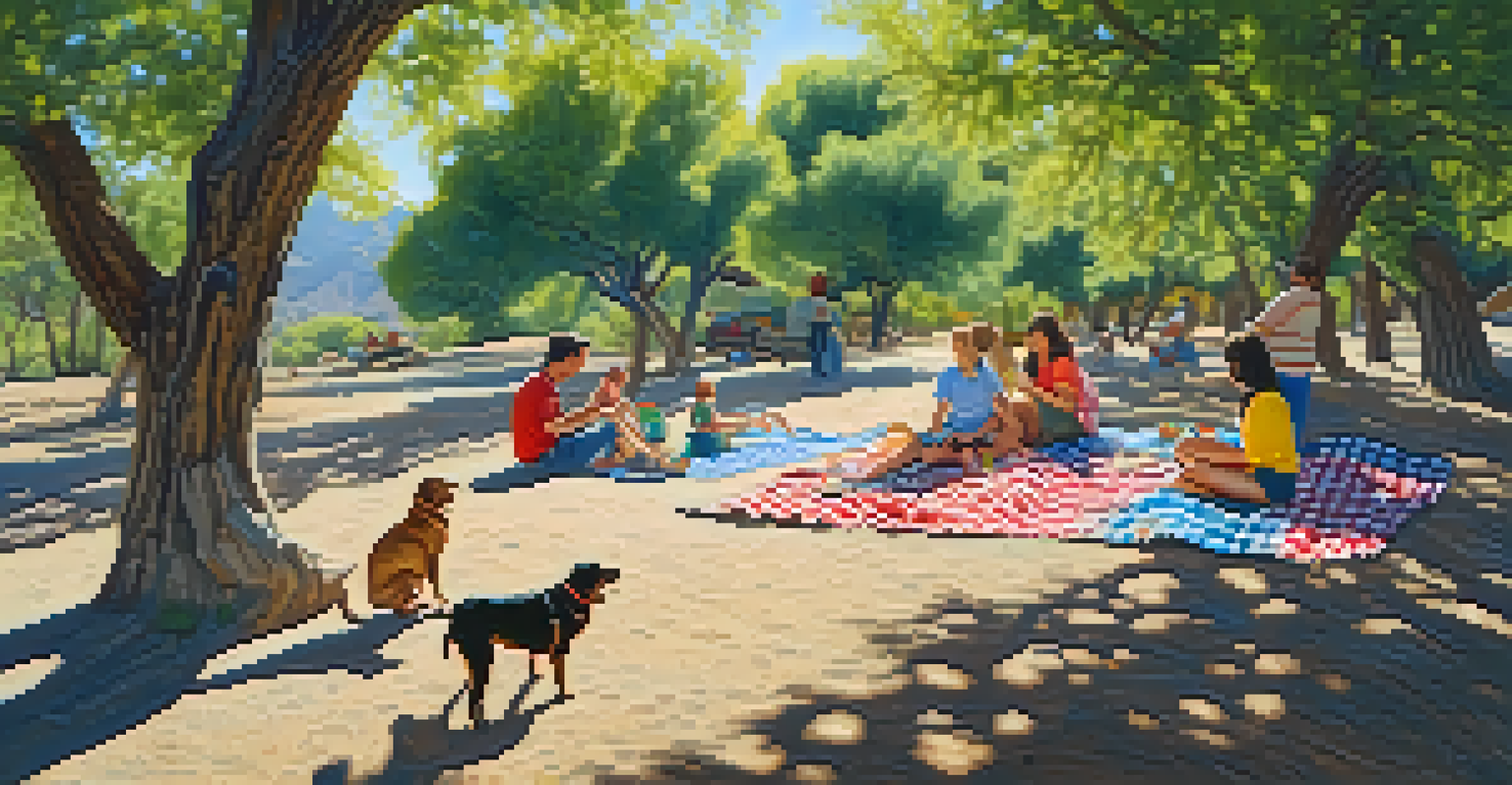 A family having a picnic under trees in Catalina State Park, surrounded by food and a playful dog.
