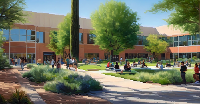 A lively community college campus in Tucson with diverse students studying outdoors amidst greenery and modern architecture.