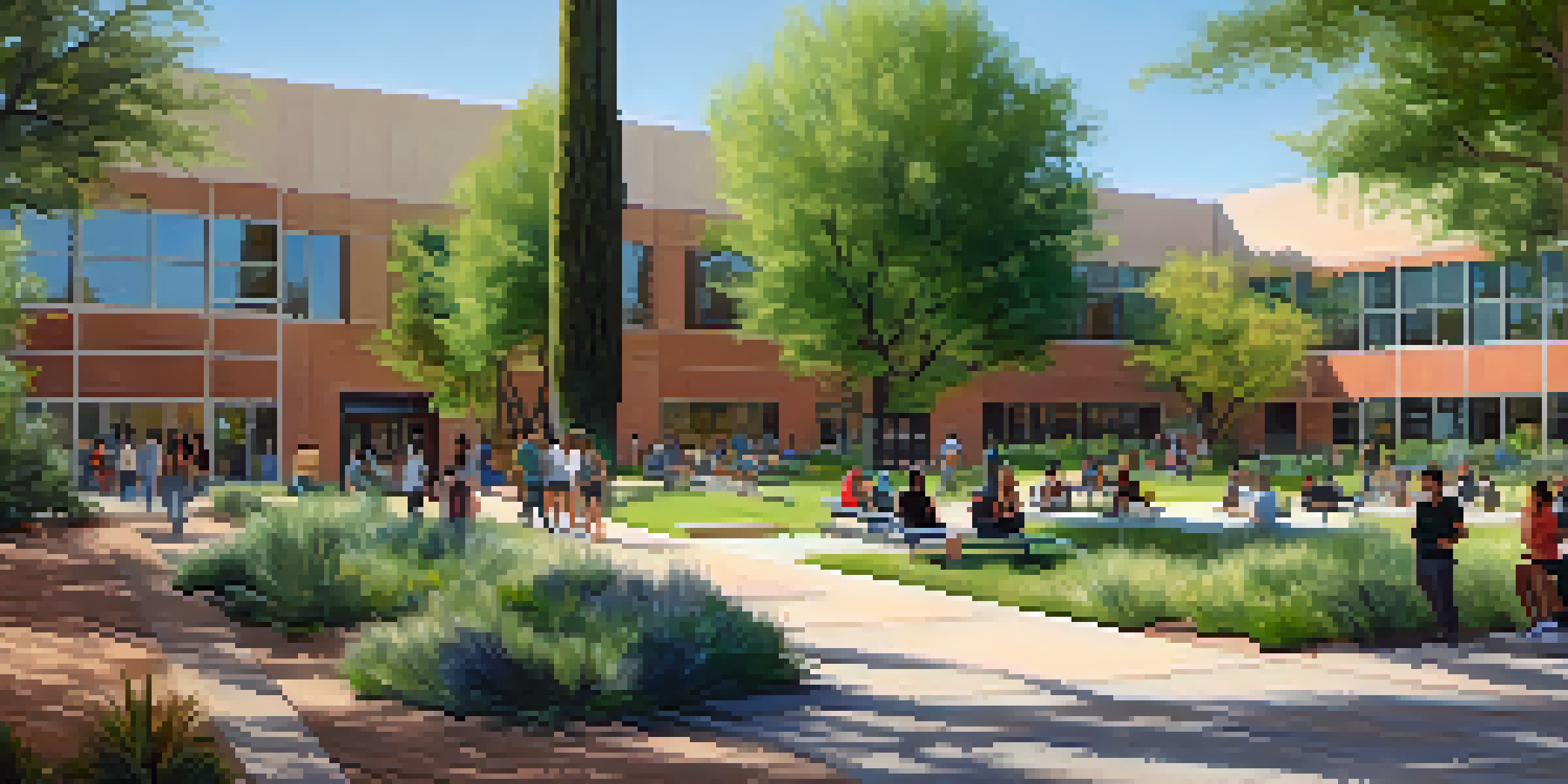 A lively community college campus in Tucson with diverse students studying outdoors amidst greenery and modern architecture.