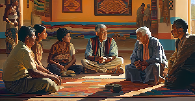 An elderly Yaqui man telling stories to children in a brightly lit community center filled with cultural artifacts.