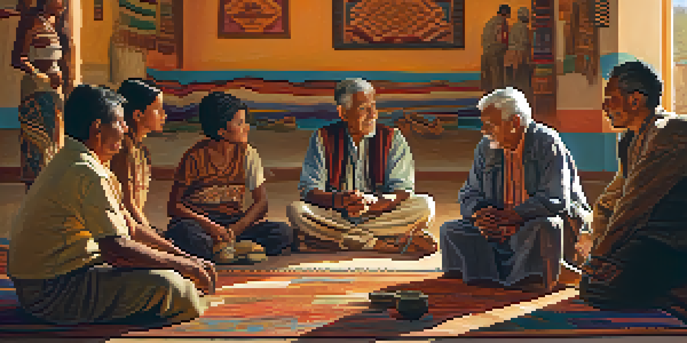 An elderly Yaqui man telling stories to children in a brightly lit community center filled with cultural artifacts.