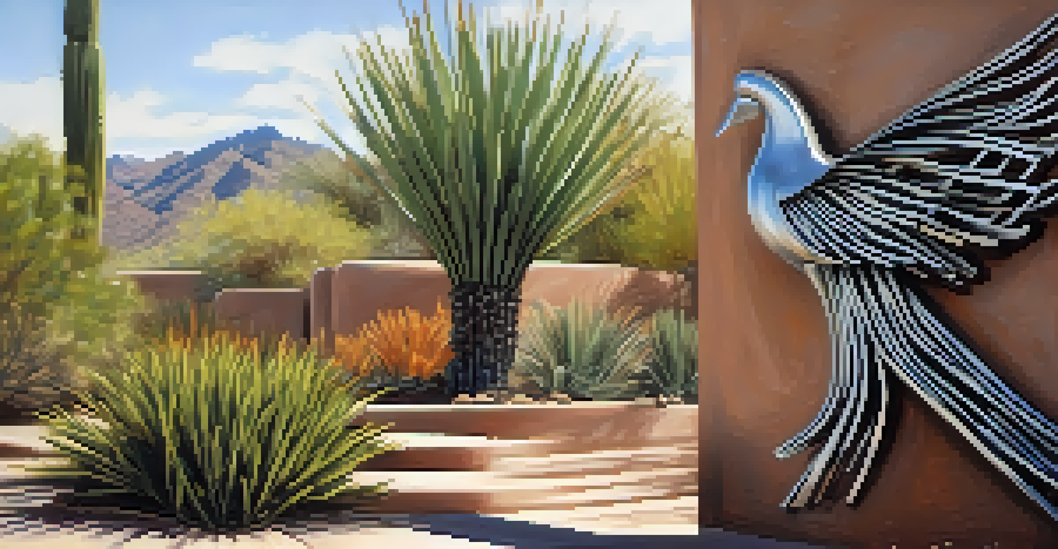 A detailed view of a metal sculpture in Tucson's public space, surrounded by native plants and adobe structures.