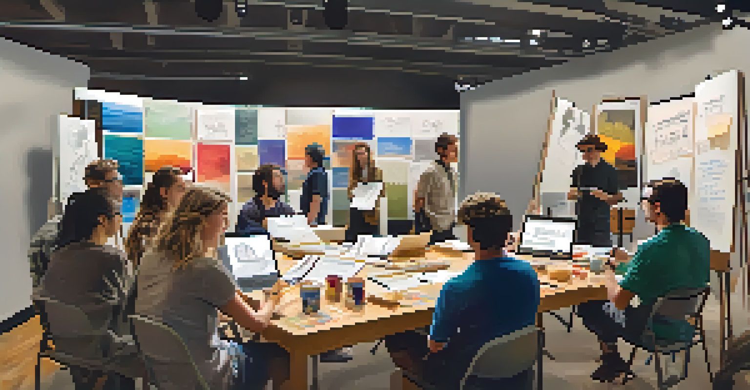 A workshop at the Arizona International Film Festival where an experienced filmmaker teaches storyboarding techniques to aspiring filmmakers, surrounded by sketches and notes.