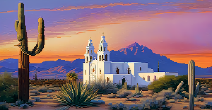 A sunset view of the San Xavier del Bac Mission in Tucson, surrounded by desert flora.